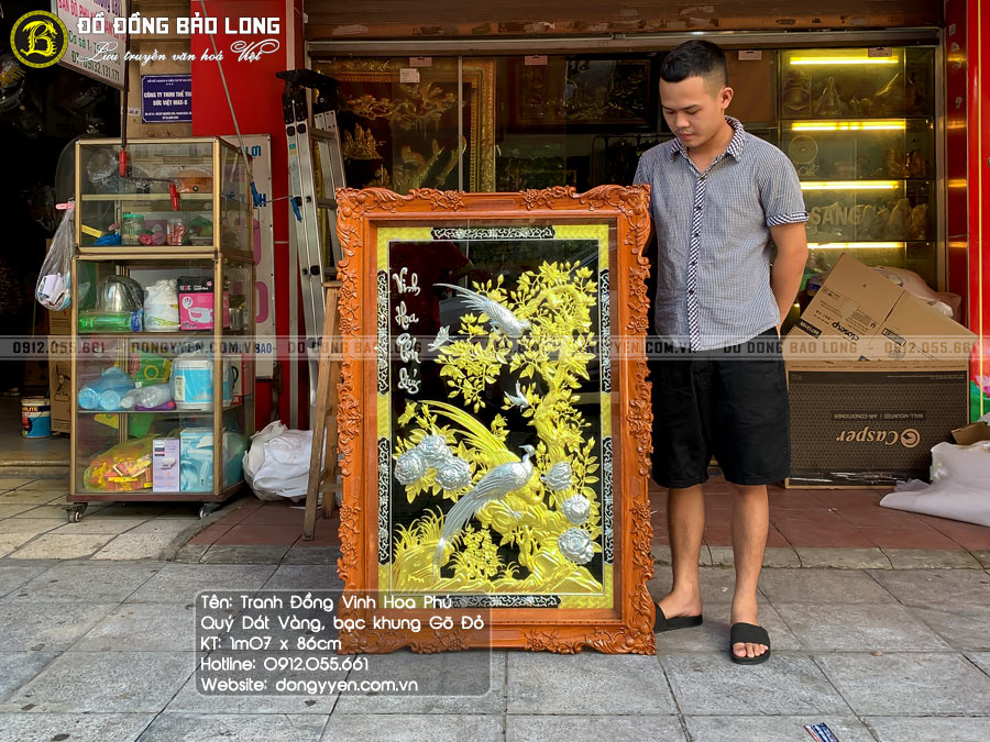 tranh đồng vinh hoa phú quý dát vàng, bạc khung gỗ gõ đỏ 