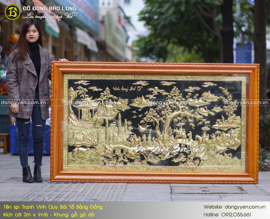 tranh vinh quy bái tổ bằng đồng khung gỗ gõ