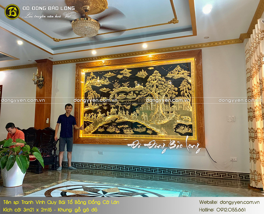 tranh vinh quy bái tổ bằng đồng khung gỗ đỏ