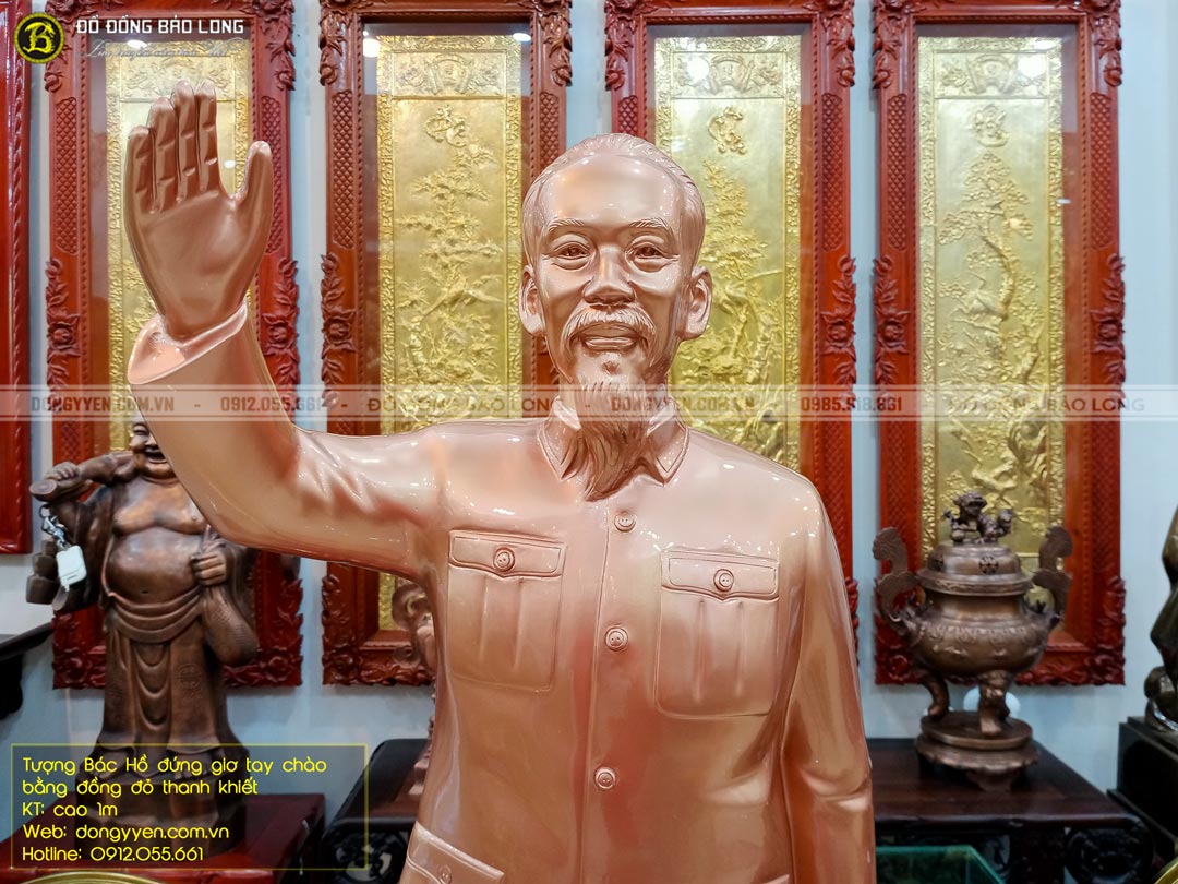 tượng bác hồ đứng giơ tay chào 1m bằng đồng đỏ 