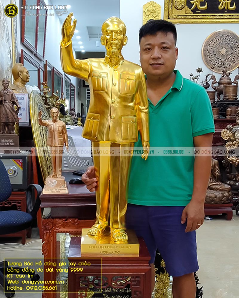 tượng bác hồ đứng giơ tay chào 1m bằng đồng dát vàng