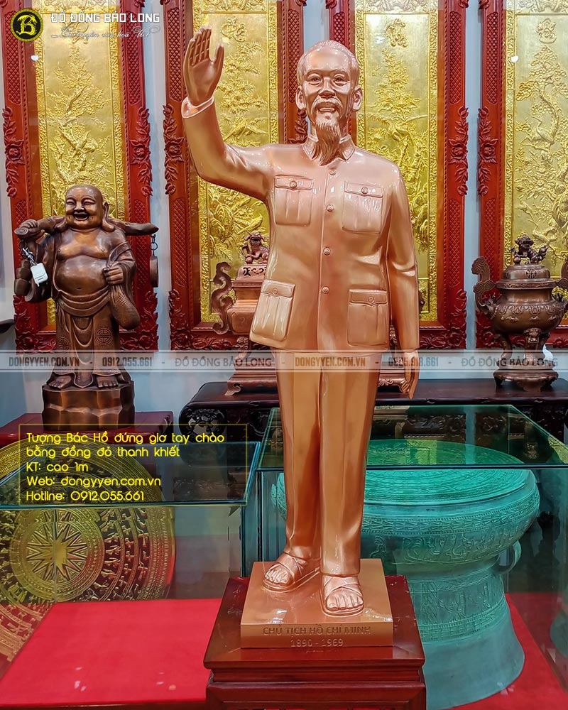 tượng bác hồ đứng giơ tay chào 1m bằng đồng đỏ 