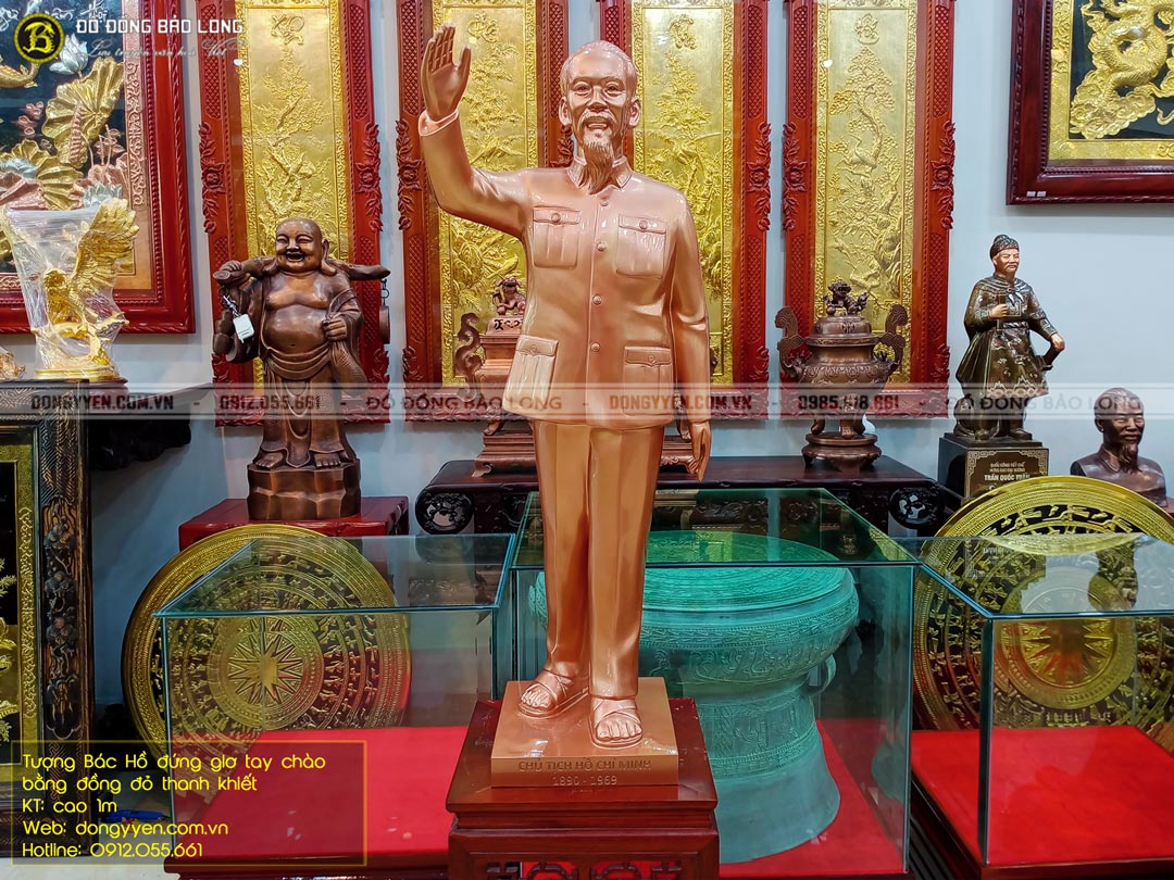 tượng bác hồ đứng giơ tay chào 1m bằng đồng đỏ 