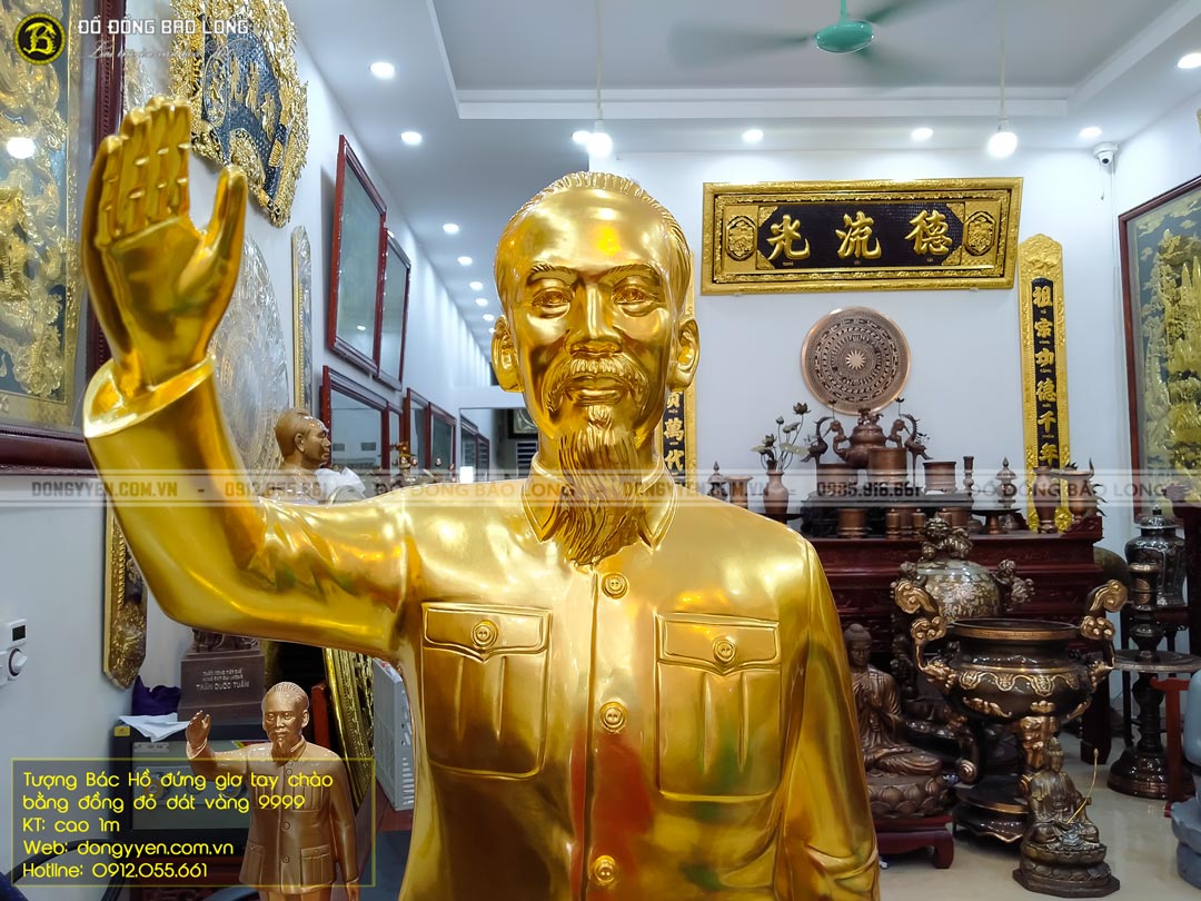 tượng bác hồ đứng giơ tay chào 1m bằng đồng dát vàng