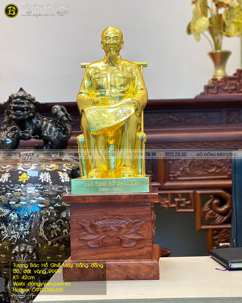 tượng bác hồ ngồi ghế mây bằng đồng đỏ dát vàng 9999