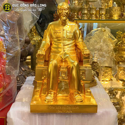  Tượng Bác Hồ Ngồi Ghế Ngai Bằng Đồng Đỏ Dát Vàng 9999