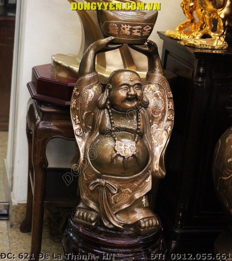 Tượng Đồng Phật Di Lặc Đội Tiền Vàng Khảm Tam Khí