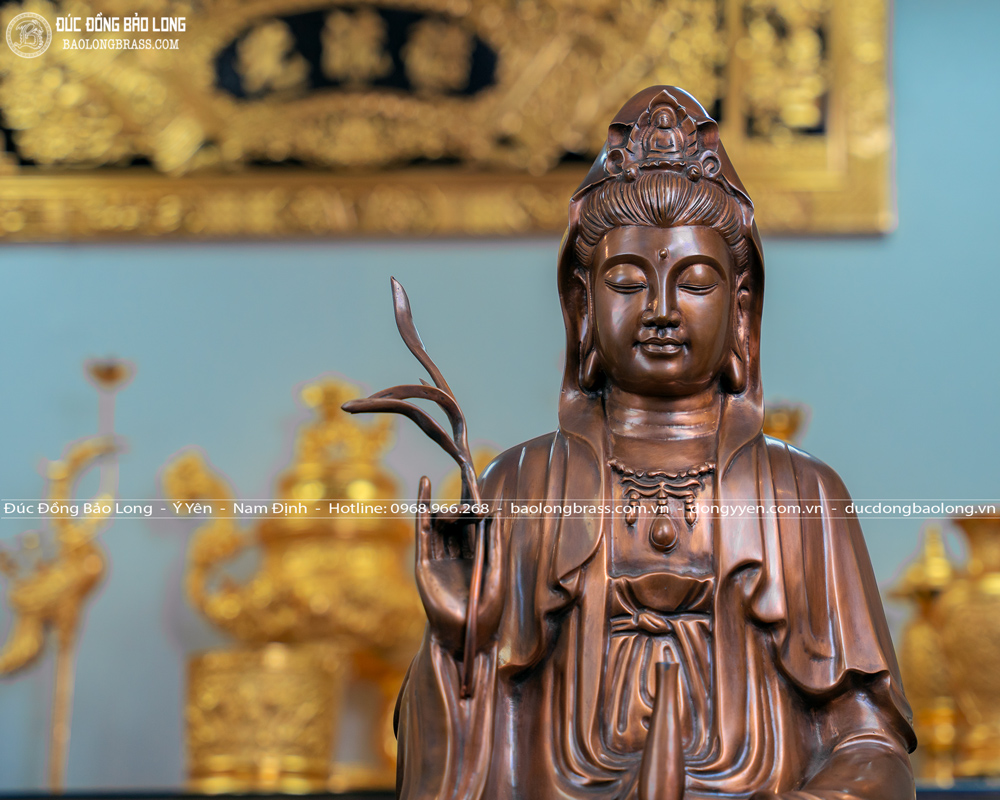 tượng bồ tát quan thế âm bằng đồng đỏ màu trầm cổ cao 81cm