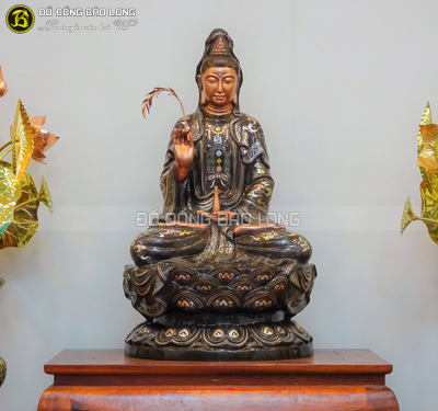 Tượng Phật Bà Quan Âm Ngồi Bệ Sen Bằng Đồng 61cm Khảm Điểm Vàng 