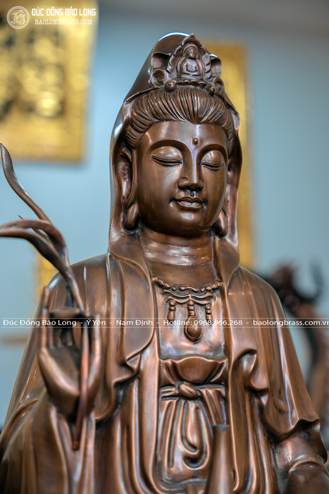 tượng bồ tát quan thế âm bằng đồng đỏ màu trầm cổ cao 81cm