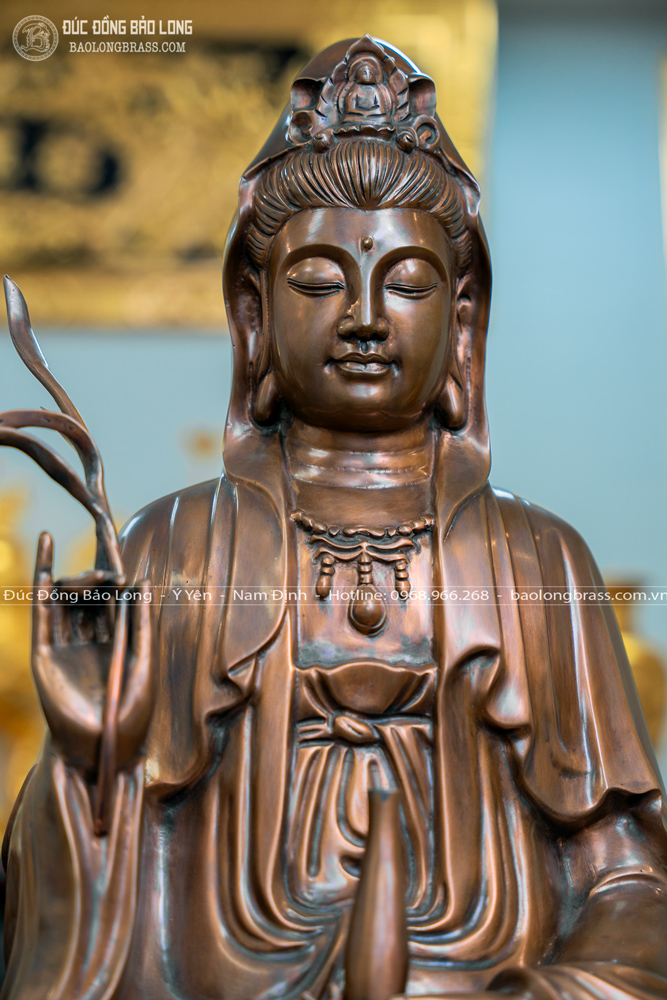 tượng bồ tát quan thế âm bằng đồng đỏ màu trầm cổ cao 81cm