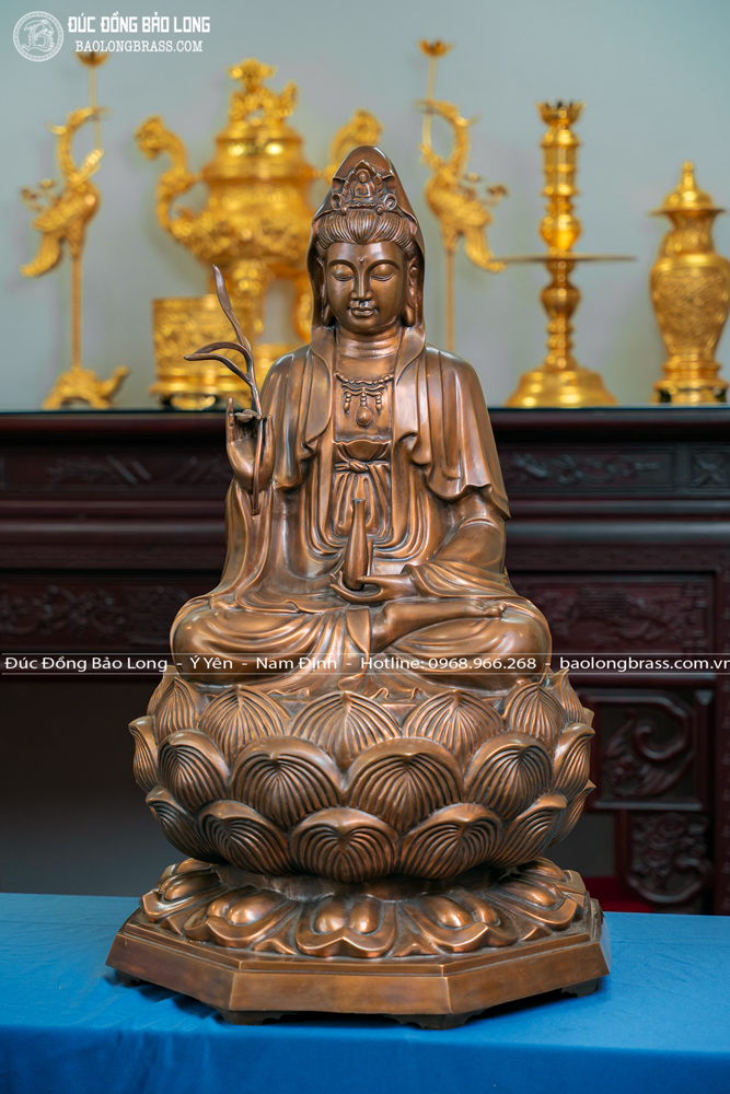 tượng bồ tát quan thế âm bằng đồng đỏ màu trầm cổ cao 81cm