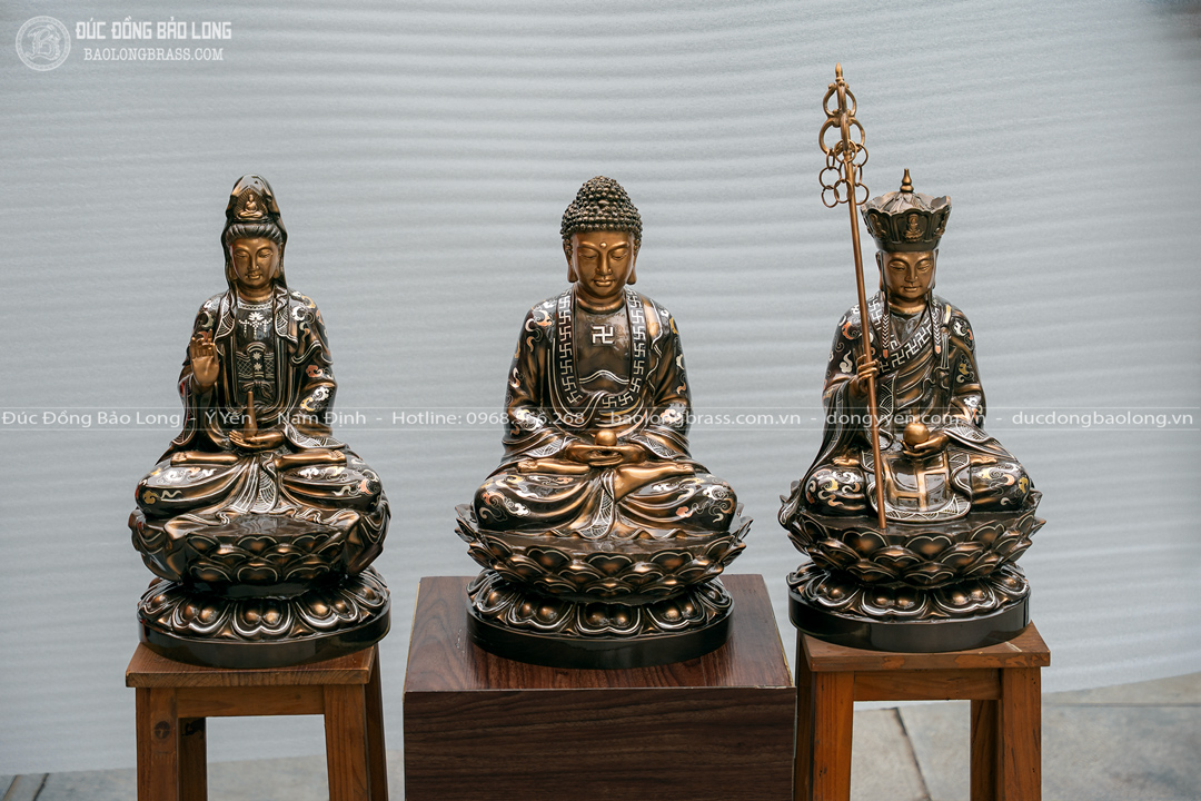 tượng tam thánh sa bà bằng đồng đỏ khảm tam khí cao 48cm