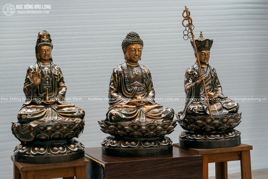 tượng tam thánh sa bà bằng đồng đỏ khảm tam khí cao 48cm