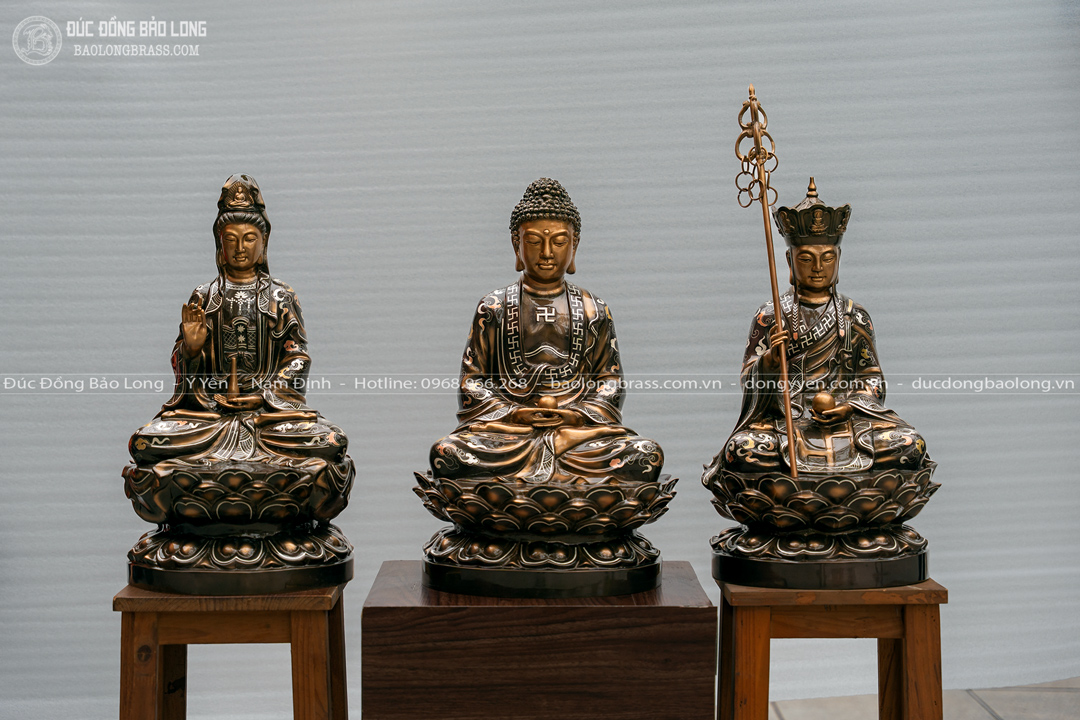 tượng tam thánh sa bà bằng đồng đỏ khảm tam khí cao 48cm