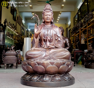 Tượng Phật Bà Quan Âm bằng đồng màu giả cổ cao 89cm 