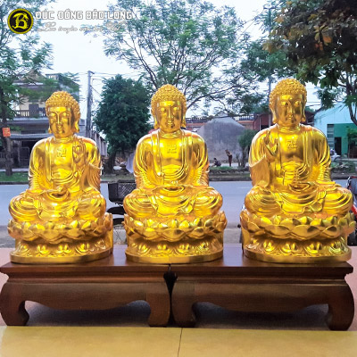 Tượng Tam Thế Phật đồng vàng Dát Vàng 9999 58cm