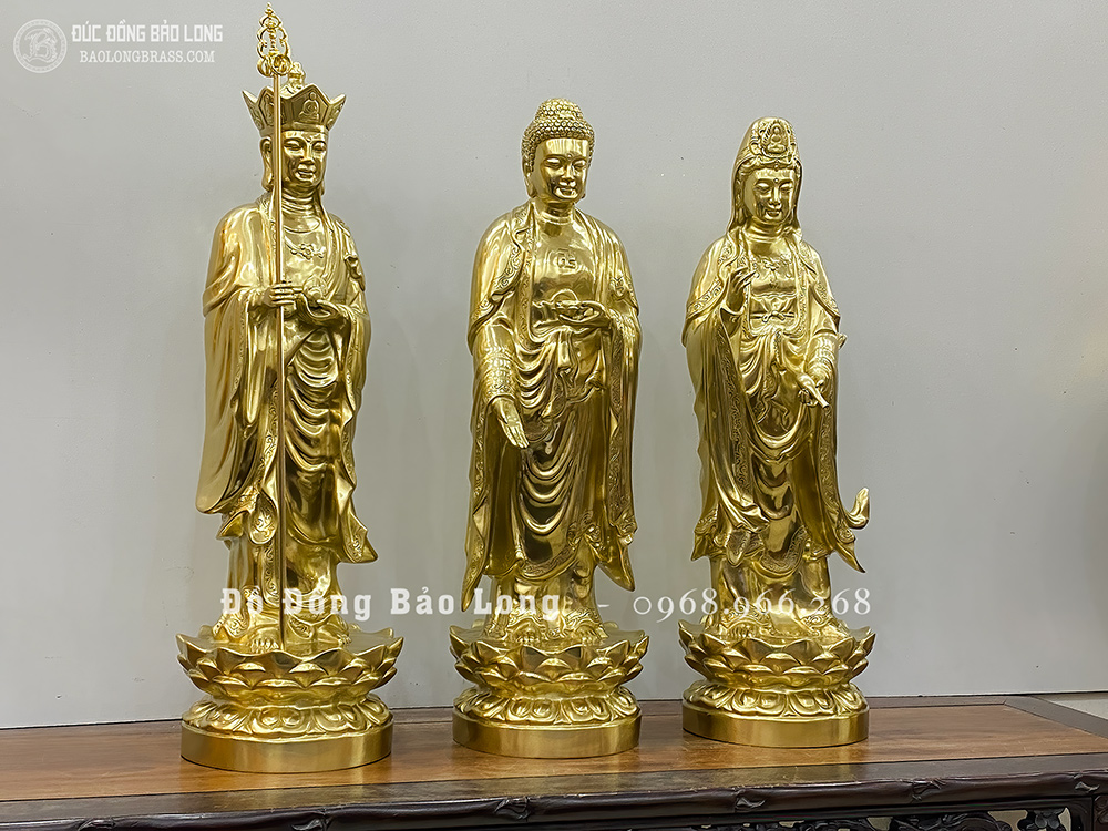tượng tam thánh sa bà bằng đồng đỏ khảm tam khí cao 48cm