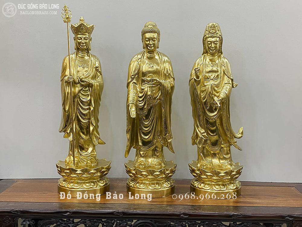 Bộ Tượng Tam Thánh Sa Bà Đứng Bằng Đồng Vàng Katut Cao 61Cm