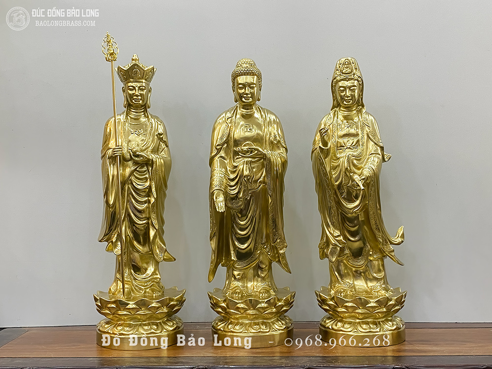Bộ Tượng Tam Thánh Sa Bà Đứng Bằng Đồng Vàng Katut Cao 61Cm