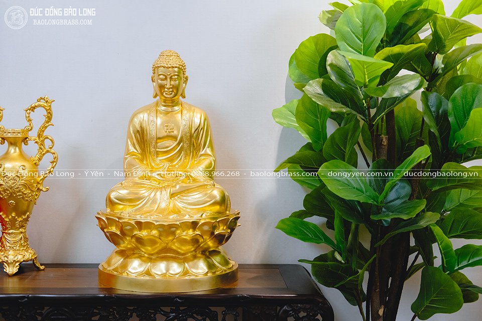 Tượng Phật A Di Đà Ngồi Đài Sen Bằng Đồng Đỏ Dát Vàng 9999 Cao 69Cm