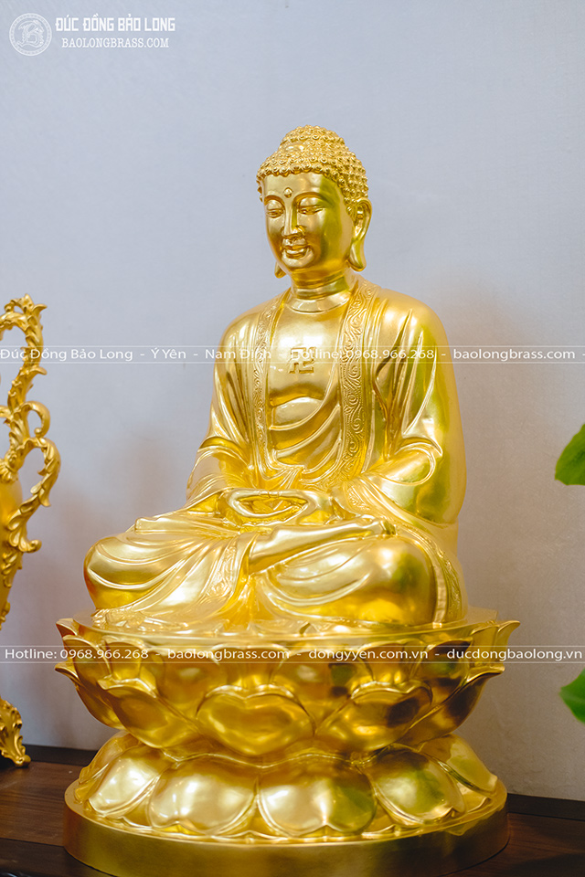 Tượng Phật A Di Đà Ngồi Đài Sen Bằng Đồng Đỏ Dát Vàng 9999 Cao 69Cm