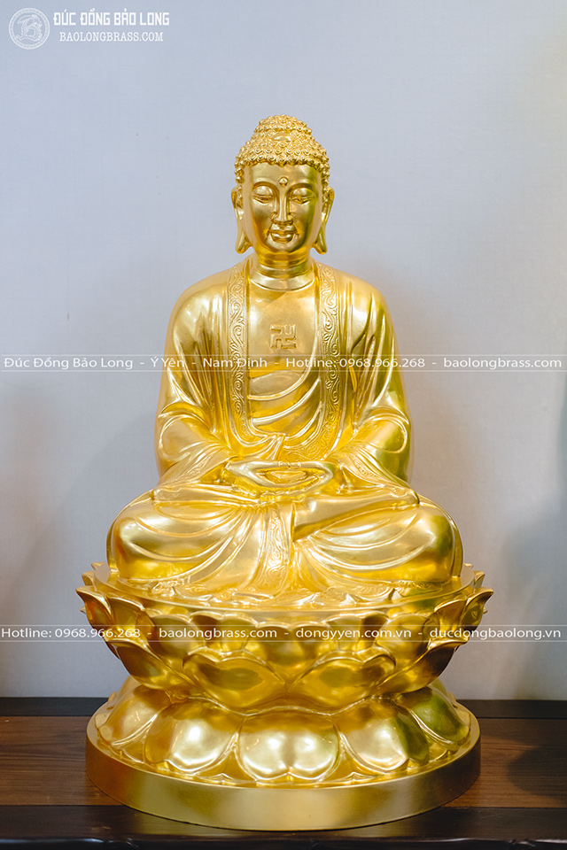 Tượng Phật A Di Đà Ngồi Đài Sen Bằng Đồng Đỏ Dát Vàng 9999 Cao 69Cm