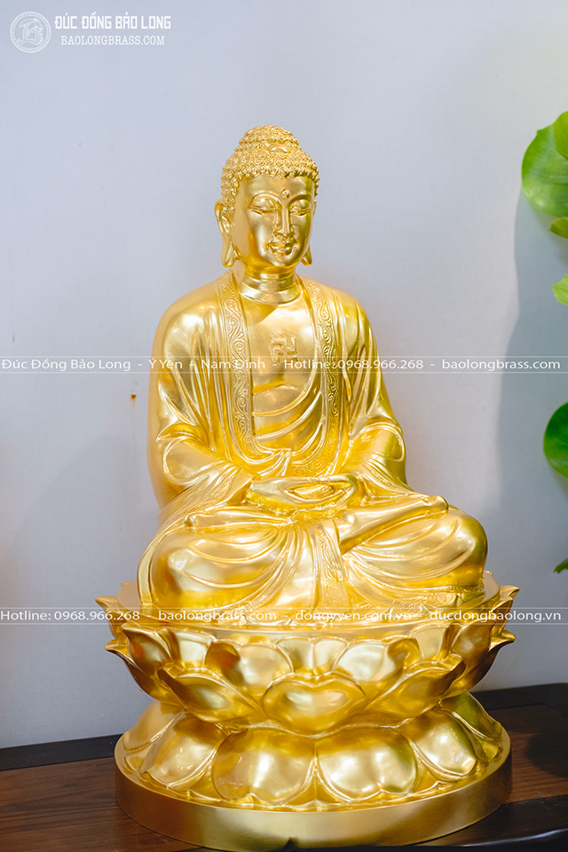 Tượng Phật A Di Đà Ngồi Đài Sen Bằng Đồng Đỏ Dát Vàng 9999 Cao 69Cm