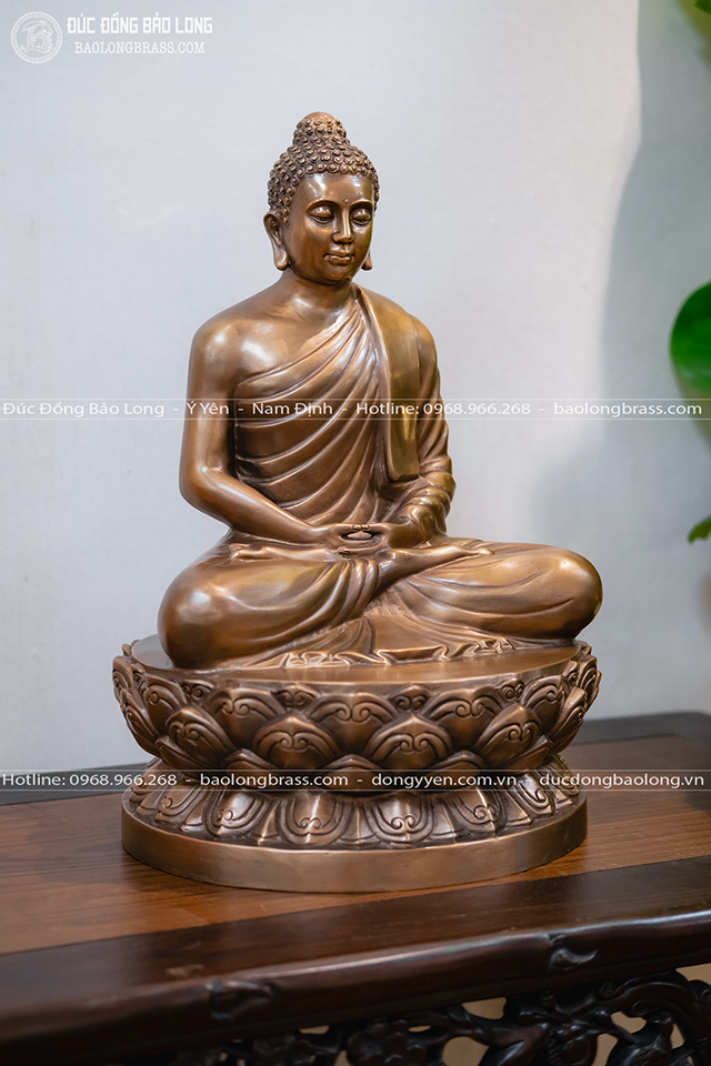 Tượng Phật Thích Ca Ngồi Đài Sen Bằng Đồng Đỏ Màu Trầm Cổ Cao 40Cm
