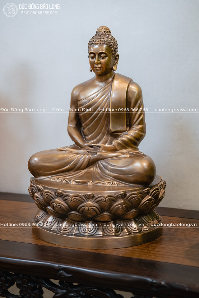 Tượng Phật Thích Ca Ngồi Đài Sen Bằng Đồng Đỏ Màu Trầm Cổ Cao 40Cm