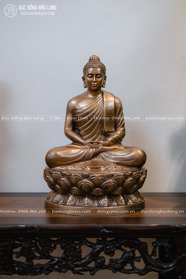 Tượng Phật Thích Ca Ngồi Đài Sen Bằng Đồng Đỏ Màu Trầm Cổ Cao 40Cm