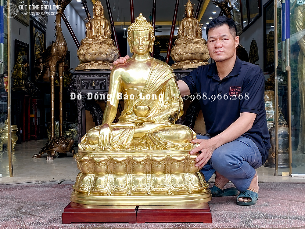 Tượng Phật Thích Ca Xúc Địa Ấn Bằng Đồng Vàng Catut Cao 1m