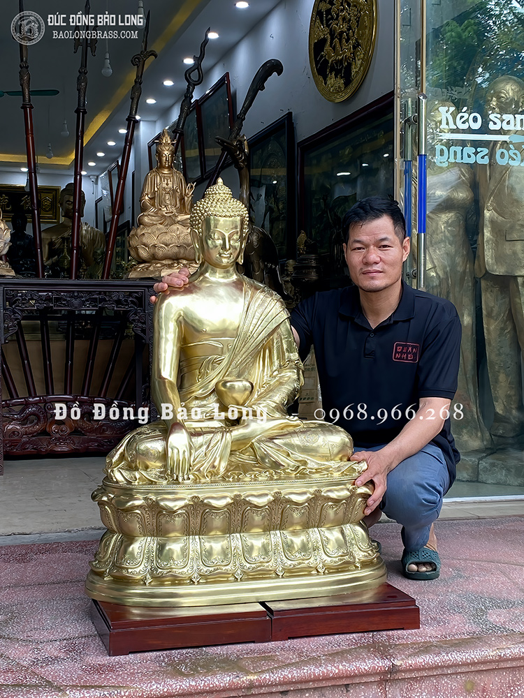 Tượng Phật Thích Ca Xúc Địa Ấn Bằng Đồng Vàng Catut Cao 1m