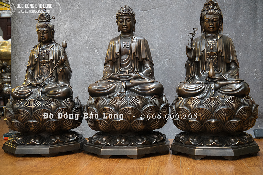 Bộ tượng Tam Thánh Tây Phương bằng đồng đỏ cao 69cm màu trầm cổ