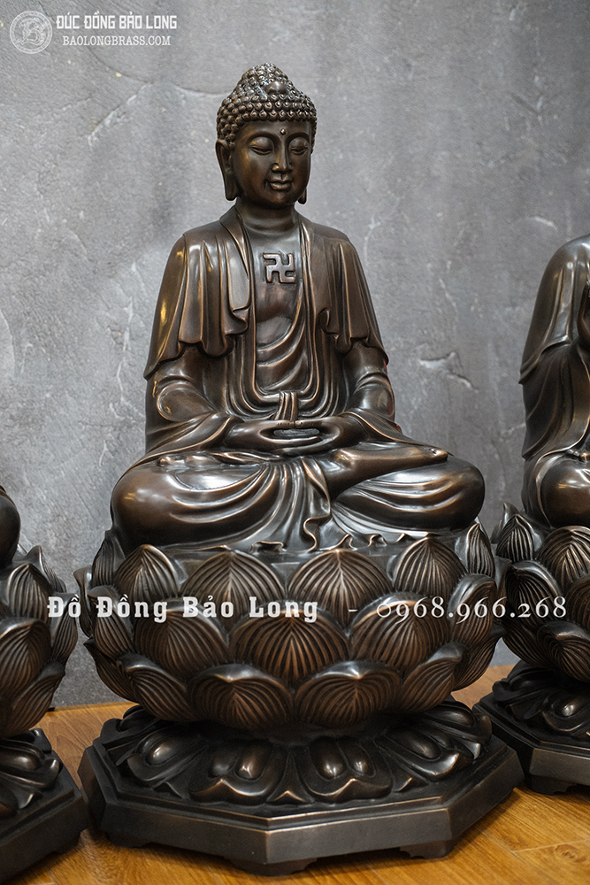 Bộ tượng Tam Thánh Tây Phương bằng đồng đỏ cao 69cm màu trầm cổ