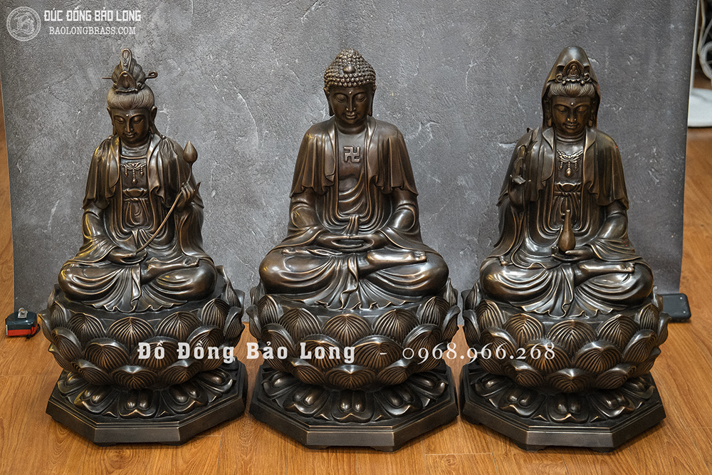 Bộ tượng Tam Thánh Tây Phương bằng đồng đỏ cao 69cm màu trầm cổ