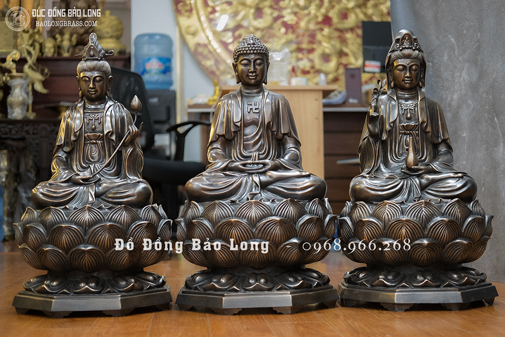 Tượng Tam Thánh Tây Phương Bằng Đồng Đỏ Cao 69Cm Màu Trầm Cổ
