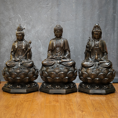 Bộ Tượng Tam Thánh Tây Phương Bằng Đồng Đỏ Cao 69Cm Màu Trầm Cổ