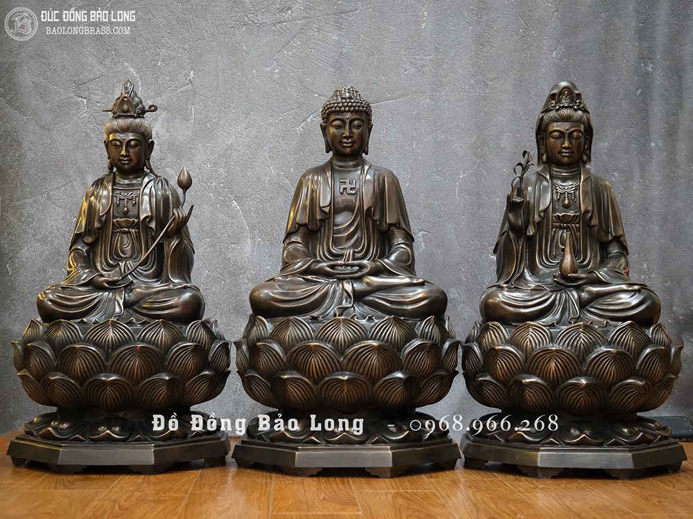 Bộ tượng Tam Thánh Tây Phương bằng đồng đỏ cao 69cm màu trầm cổ