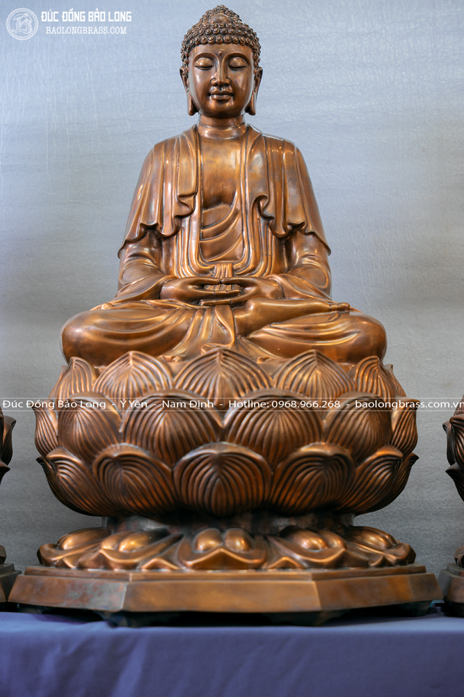 tượng phật a di dà bộ tượng tam thánh bằng đồng đỏ màu trầm cổ cao 81cm