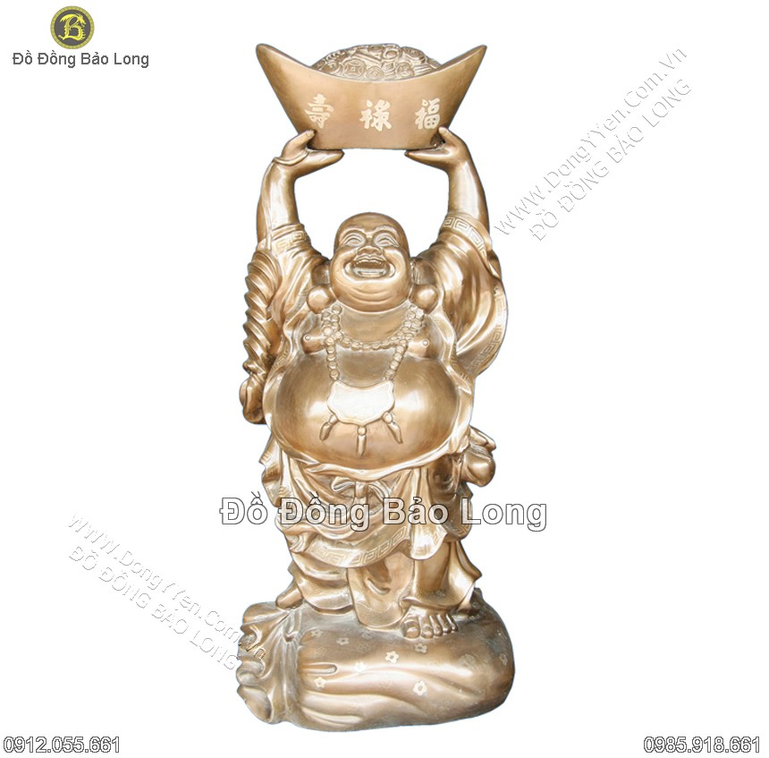 tượng phật di lặc đồng đỏ đỡ thỏi vàng cao 50cm