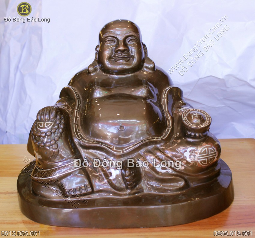 tượng phật di lặc ngồi bằng đồng đỏ khảm tam khí cao 25cm