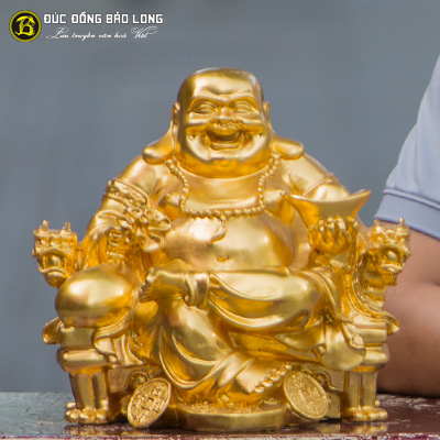 Tượng Phật Di Lặc Bằng Đồng Ngồi Ngai Dát Vàng 9999 Cao 35cm