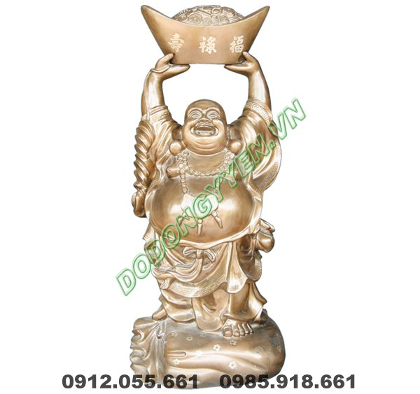 Tượng Phật Di Lặc đội tiền vàng bằng đồng
