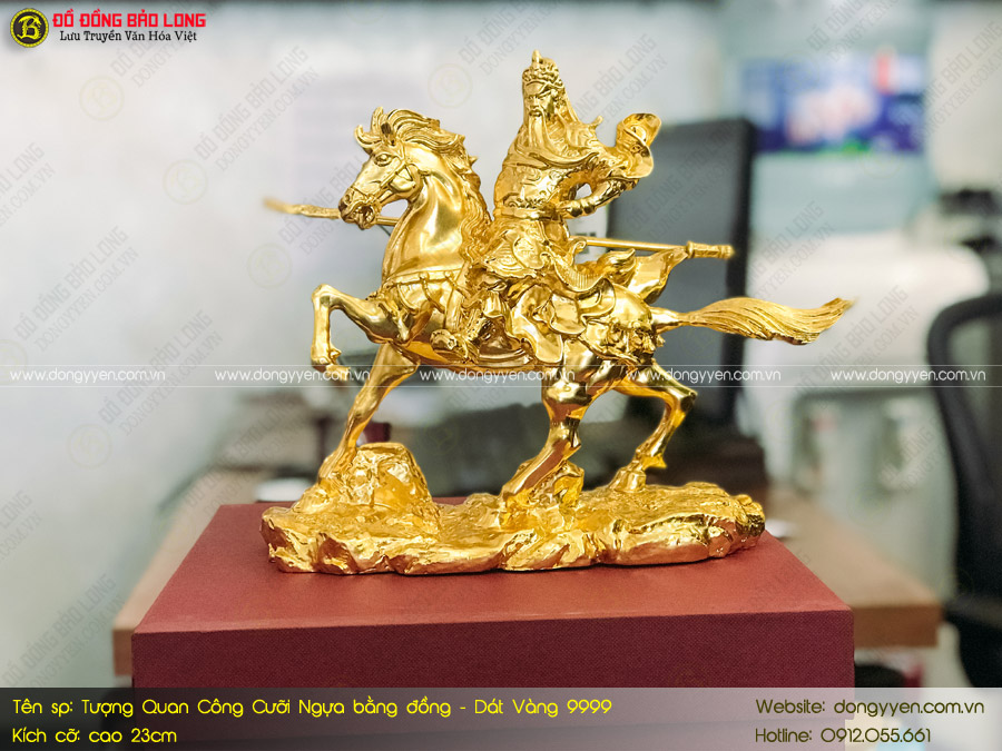 tượng quan công cưỡi ngựa bằng đồng dát vàng 23cm