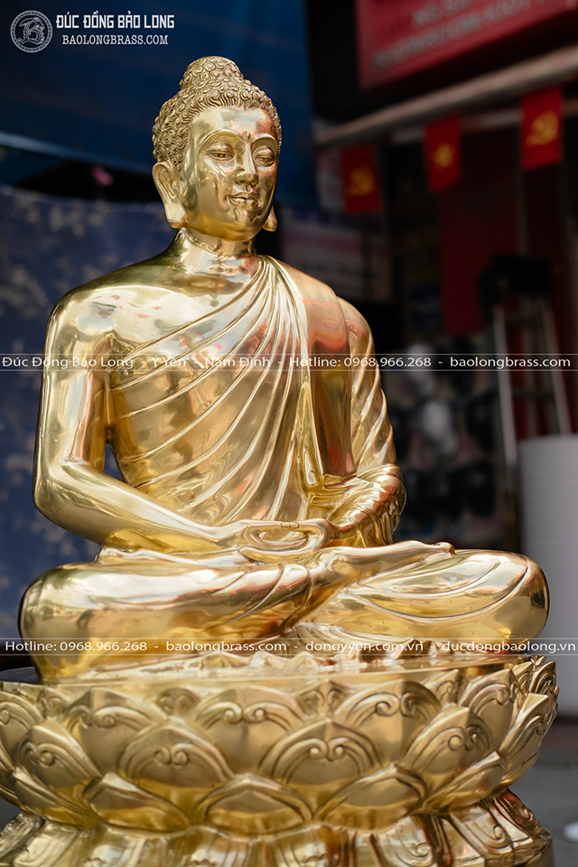 Tượng Phật Thích Ca Ngồi Đài Sen Bằng Đồng Đỏ Màu Trầm Cổ Cao 40Cm