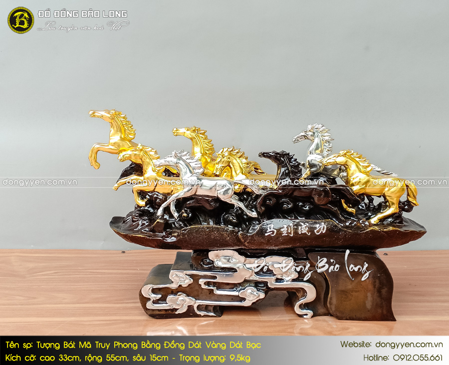 tượng bát mã truy phong dát vàng bạc cao 33cm