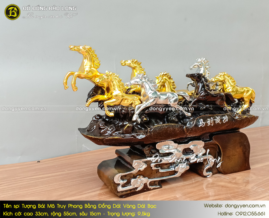 tượng bát mã truy phong dát vàng bạc cao 33cm