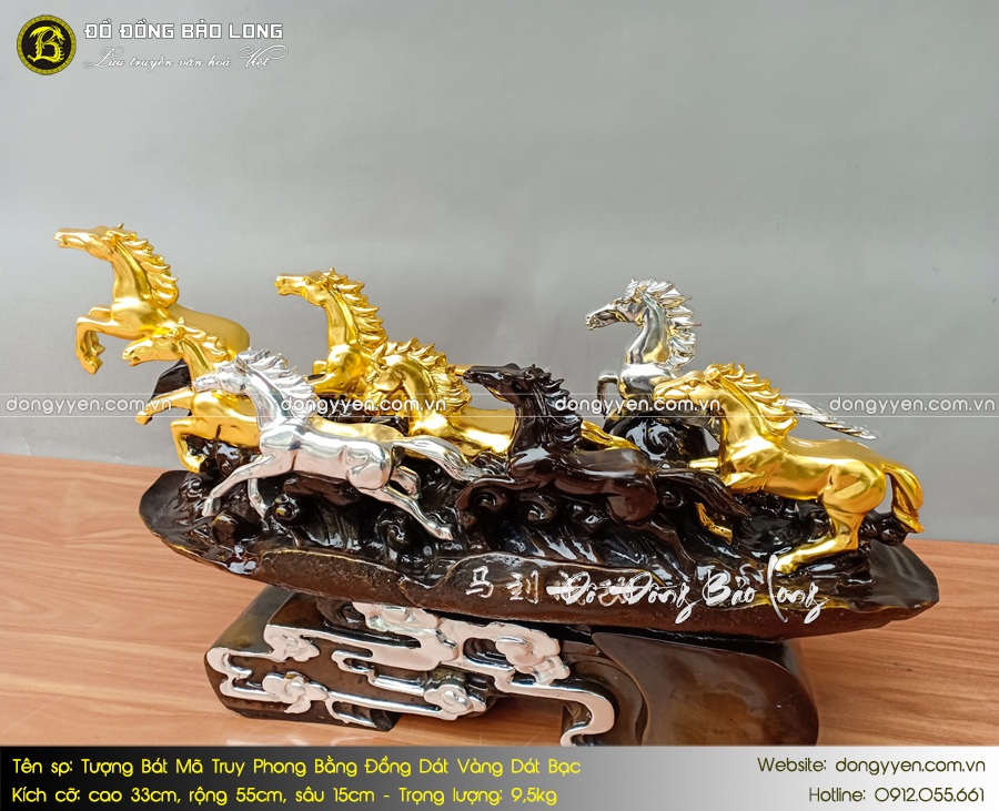 tượng bát mã truy phong dát vàng bạc cao 33cm