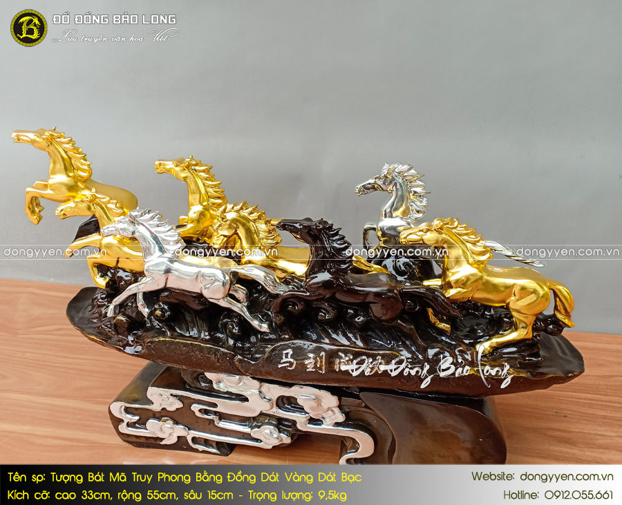 tượng bát mã truy phong dát vàng bạc cao 33cm